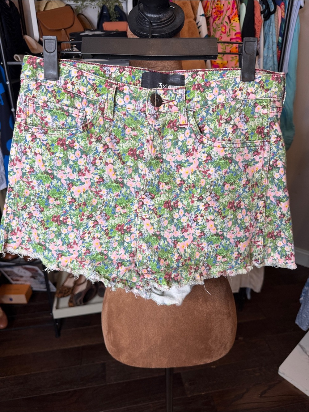 3x1 Floral Print Denim Short Skirt in Pink and Green